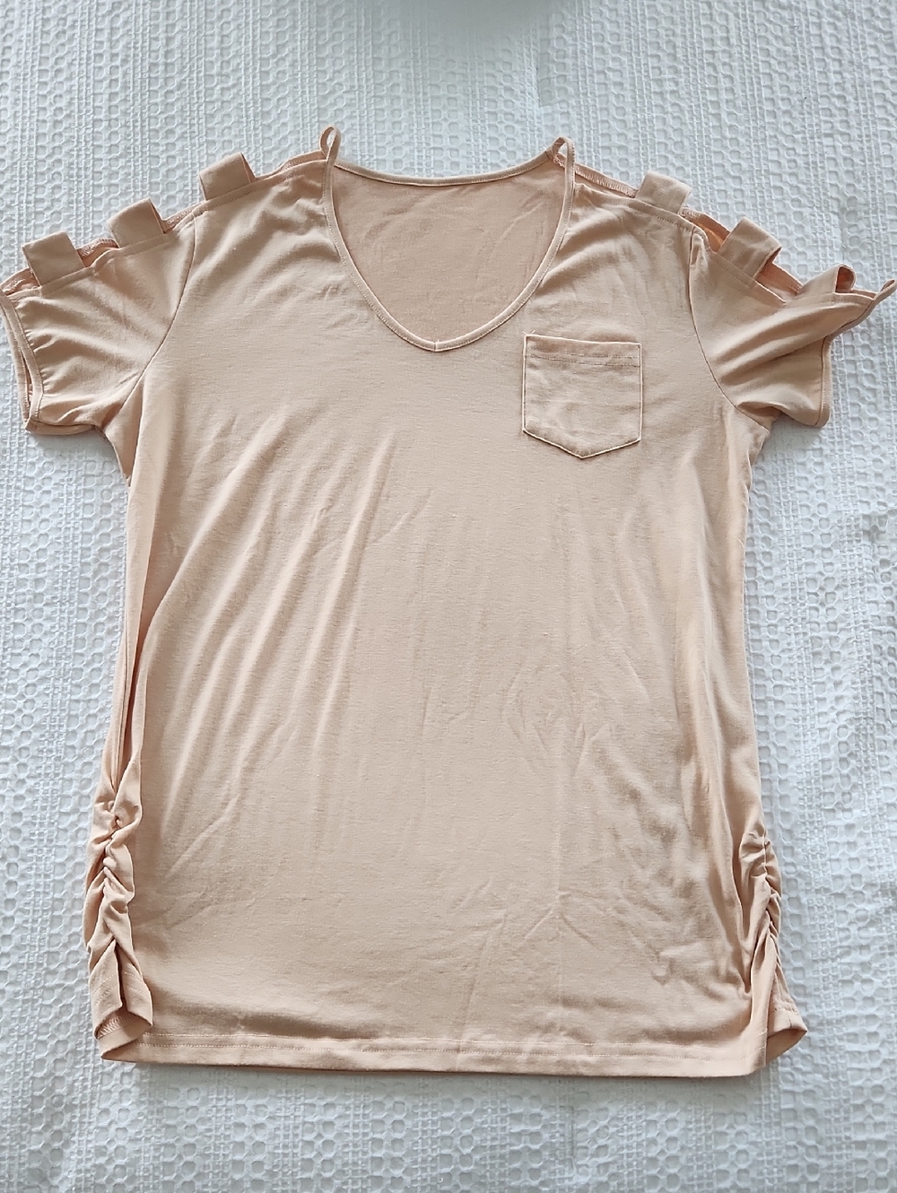 Women’s Peach Cold-Shoulder V-Neck Top with Pocket